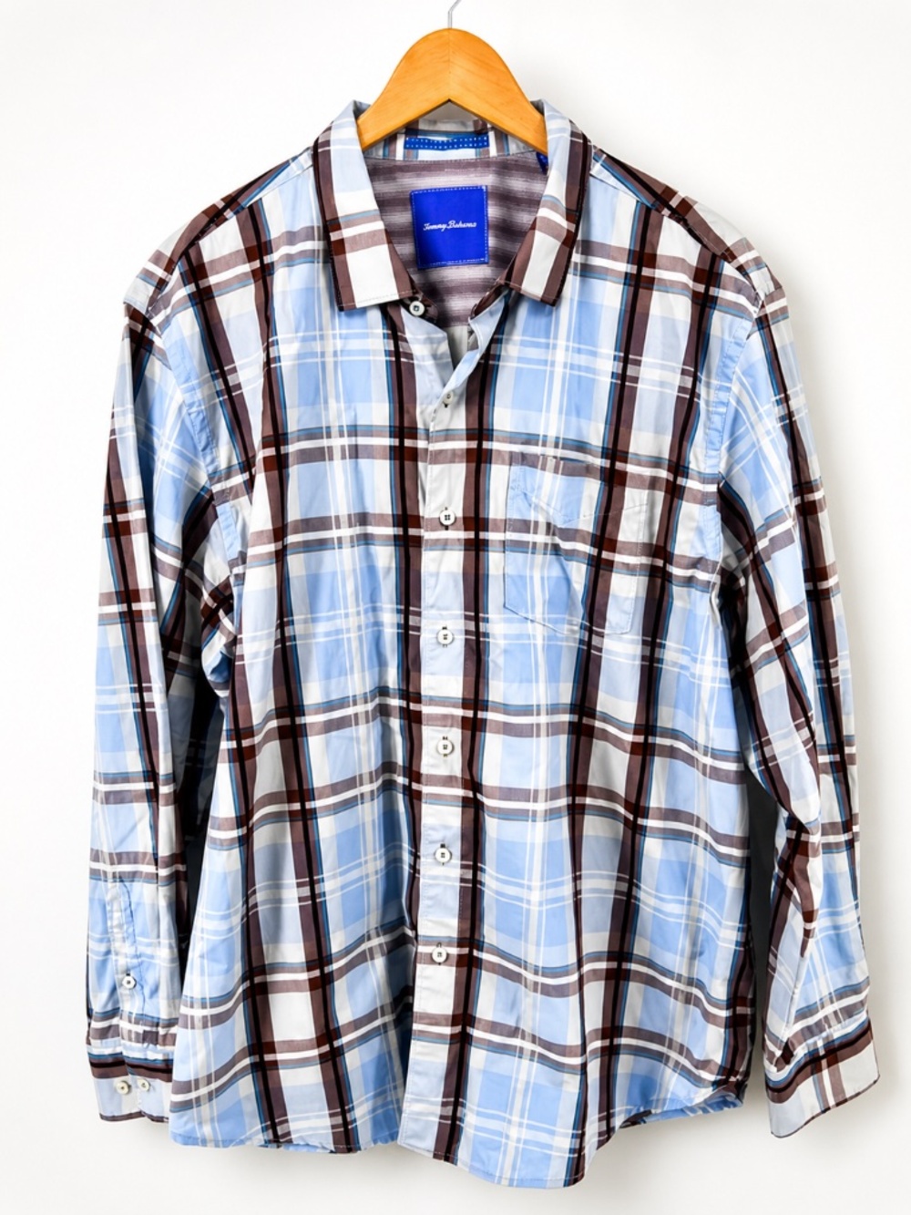 Tommy Bahama Plaid Button Down Shirt Blue Brown Relaxed Fit Men’s XL